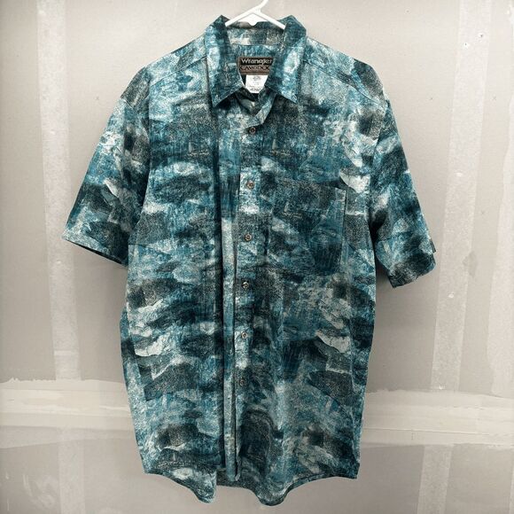 Vintage Mens Wrangler CamoDog Fish Print Short Sleeve Button Down Shirt Size L - Picture 1 of 6